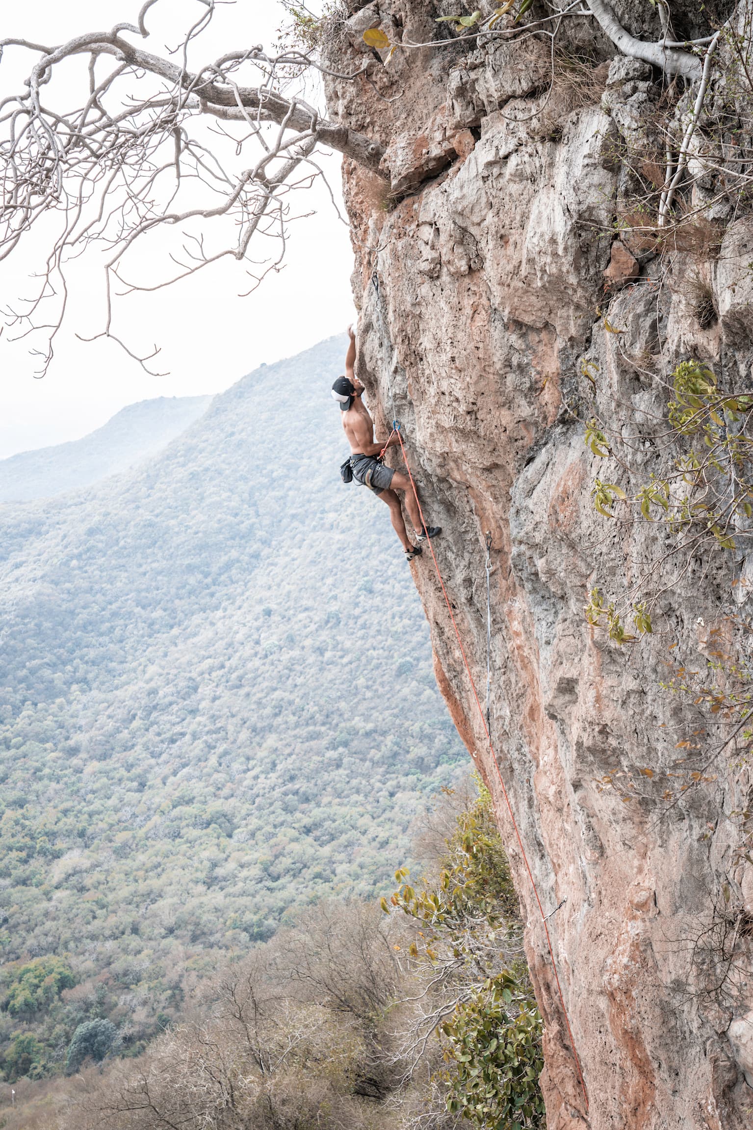 Rock climbing with a red rope above a forested valley